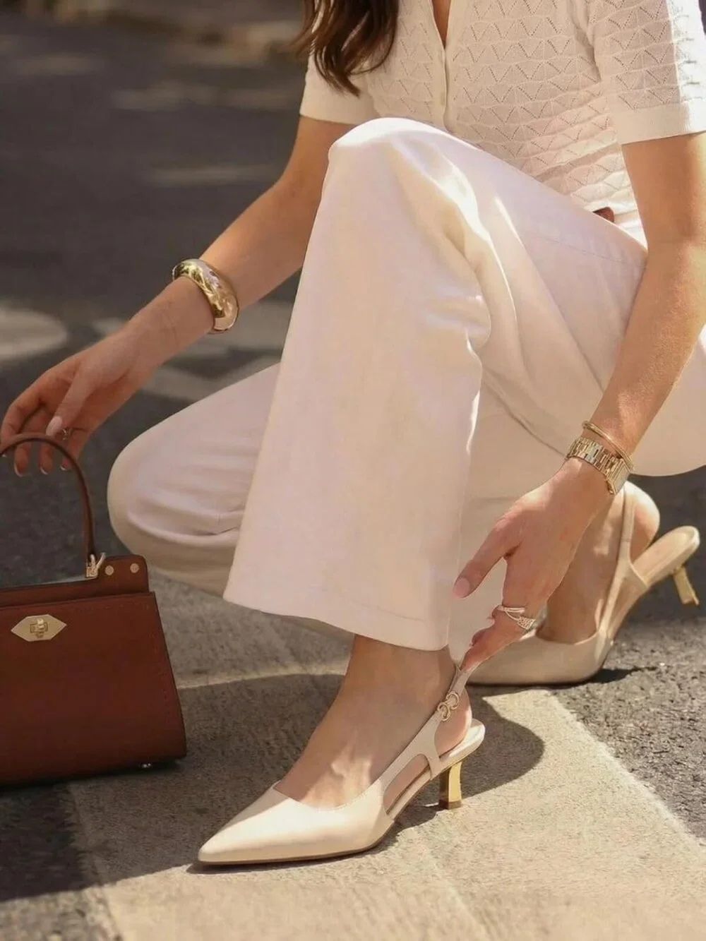 Women's Beige Low Kitten Heels Slingback Pumps Closed Pointed Toe Buckle Shoes